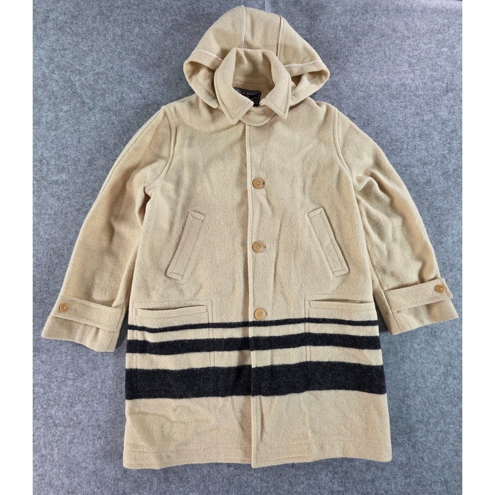 Vintage Polo Sport Ralph Lauren Women's Wool Coat Cream Navy Stripes Hooded L